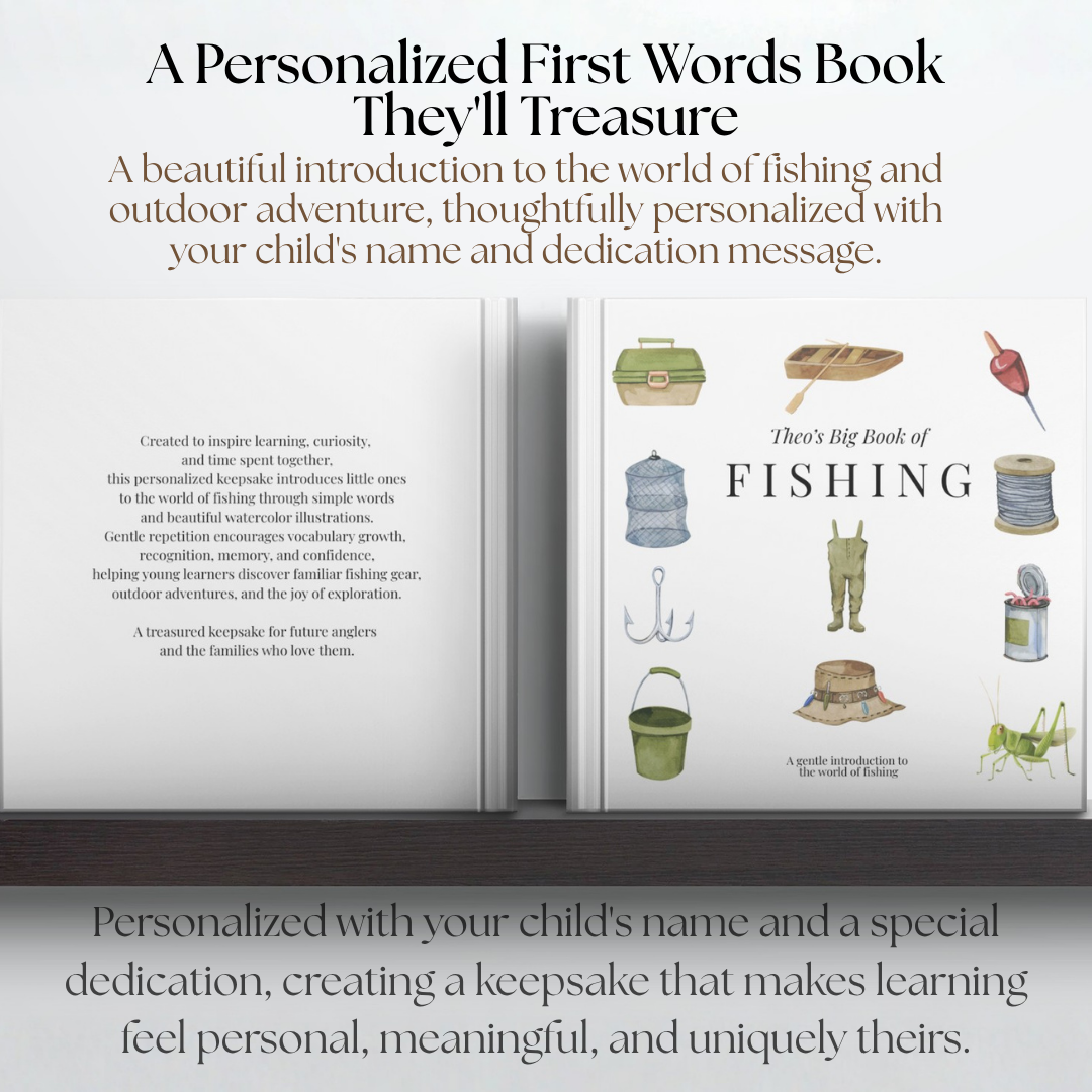 Personalized Fishing First Words Book | Custom Toddler Learning Book | Baby's First Fishing Book | Watercolor Keepsake Gift