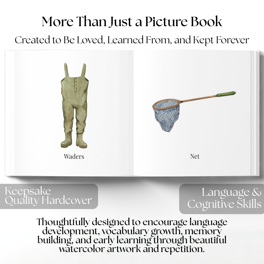 Personalized Fishing First Words Book | Custom Toddler Learning Book | Baby's First Fishing Book | Watercolor Keepsake Gift