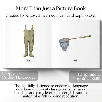 Personalized Fishing First Words Book | Custom Toddler Learning Book | Baby's First Fishing Book | Watercolor Keepsake Gift