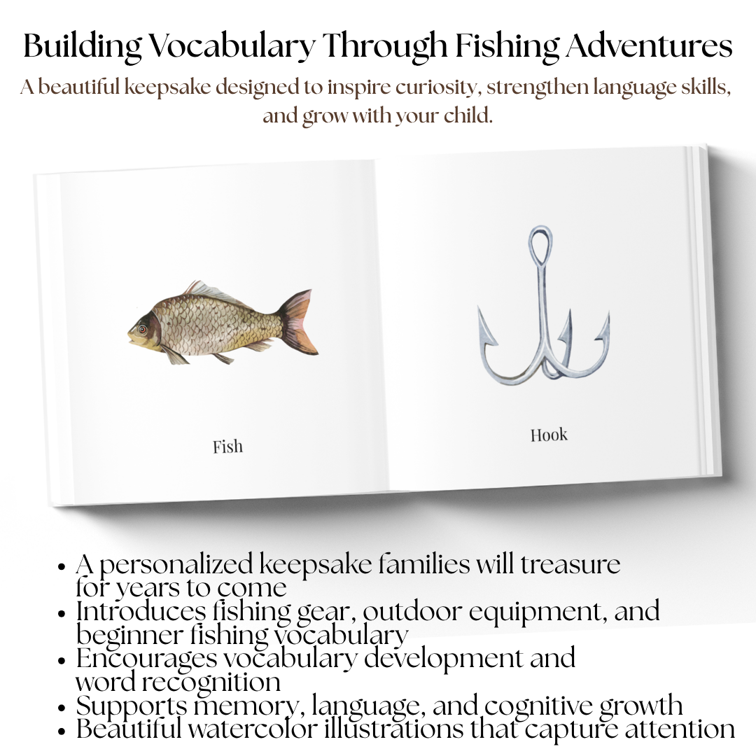 Personalized Fishing First Words Book | Custom Toddler Learning Book | Baby's First Fishing Book | Watercolor Keepsake Gift