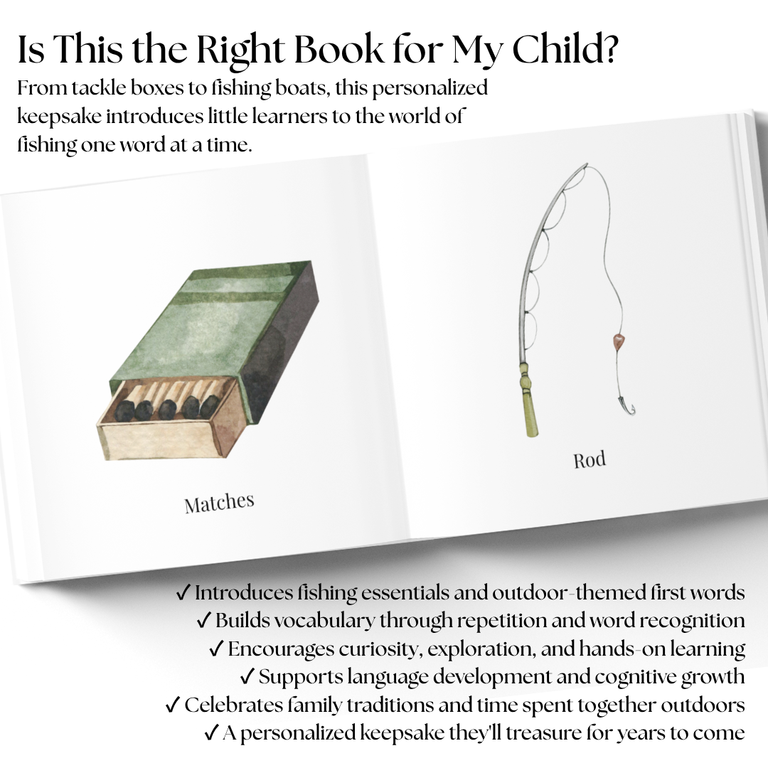 Personalized Fishing First Words Book | Custom Toddler Learning Book | Baby's First Fishing Book | Watercolor Keepsake Gift